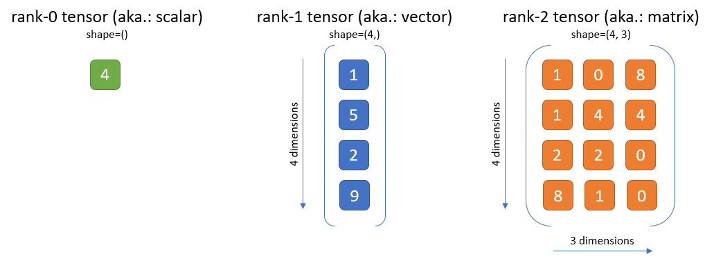 Examples for a rank-0 (scalar), a rank-1 (vector), and a rank-2 (matrix) int-type tensor.